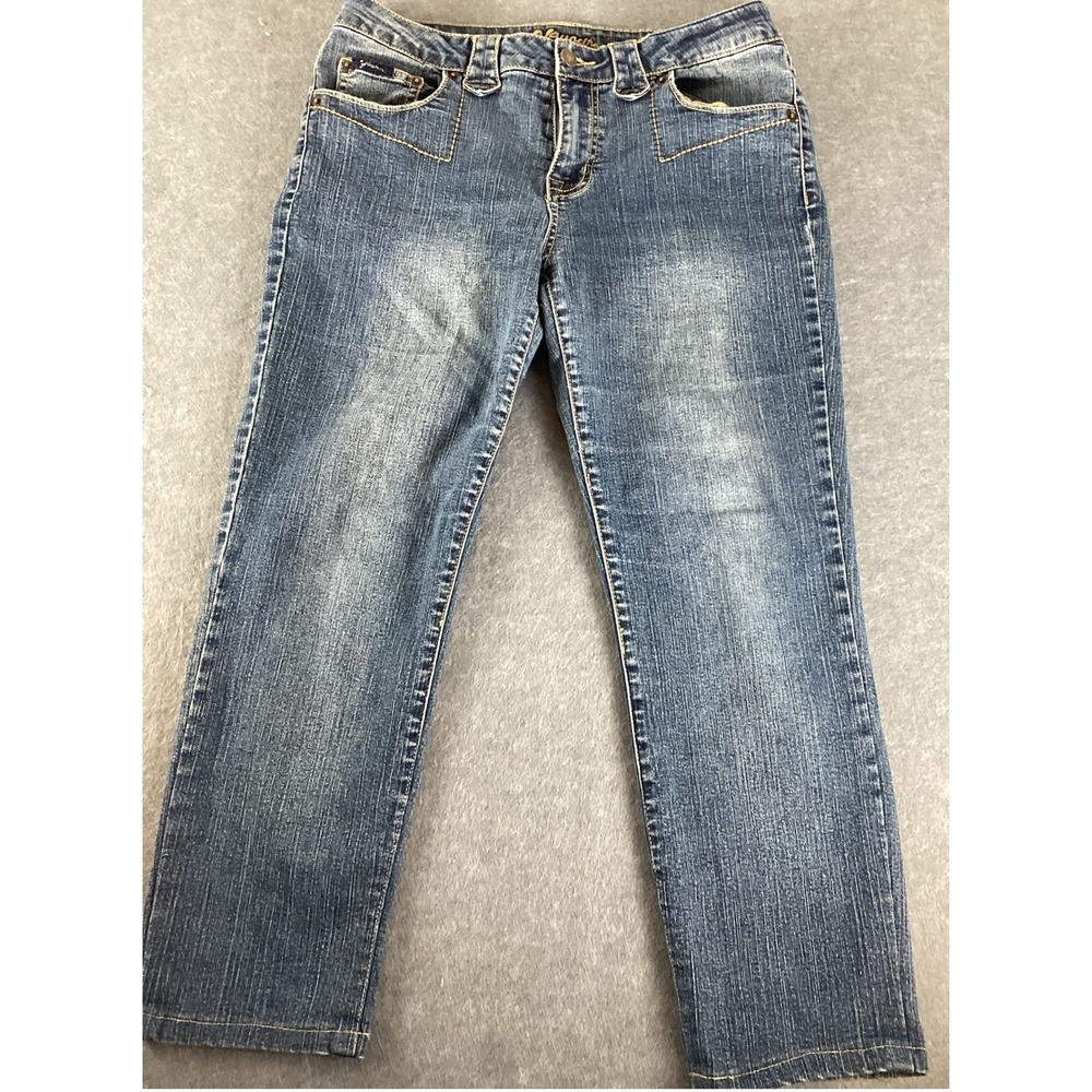 Y2K 90's Boho Flavour Straight Leg Jeans Sz 10 Blue Crop Contrast Stitch Pockets